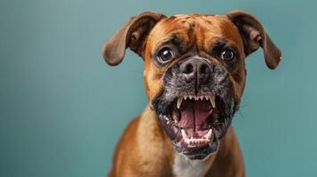 Boxer, enojado perro desnudando sus dientes, estudio Encendiendo pastel antecedentes foto