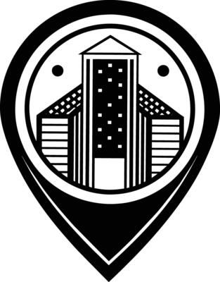 a black and white silhouette location pin with a building in the center, Map Marker