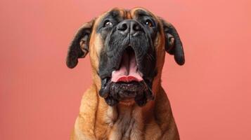 English Mastiff, angry dog baring its teeth, studio lighting pastel background photo