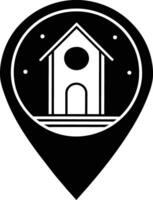 un negro y blanco casa icono en un alfiler, un ubicación alfiler icono vector