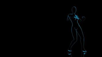 Abstract woman figure with blue outline dancing against black background. Loop sequence. 3D animation video