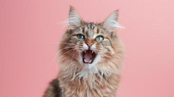 American Bobtail, angry cat baring its teeth, studio lighting pastel background photo