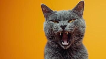 Russian Blue, angry cat baring its teeth, studio lighting pastel background photo