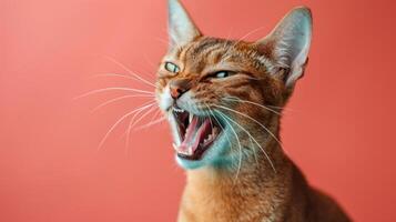 chausie, enojado gato desnudando sus dientes, estudio Encendiendo pastel antecedentes foto