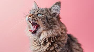 American Curl, angry cat baring its teeth, studio lighting pastel background photo