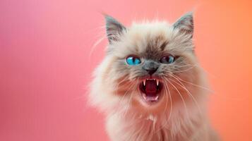 Pixie-bob, angry cat baring its teeth, studio lighting pastel background photo