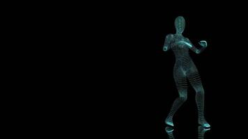 Abstract woman figure formed by blue and green particles dancing against black background. Loop sequence. 3D animation video