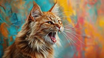 Aegean, angry cat baring its teeth, studio lighting pastel background photo