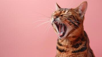 Bengal, angry cat baring its teeth, studio lighting pastel background photo