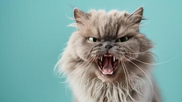 Persian, angry cat baring its teeth, studio lighting pastel background photo