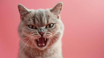 British Shorthair, angry cat baring its teeth, studio lighting pastel background photo