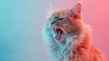 LaPerm, angry cat baring its teeth, studio lighting pastel background photo