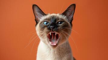 Balinese, angry cat baring its teeth, studio lighting pastel background photo