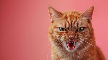 Singapura, angry cat baring its teeth, studio lighting pastel background photo