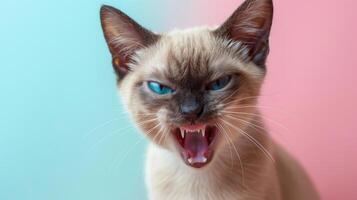 Tonkinese, angry cat baring its teeth, studio lighting pastel background photo