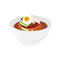 Korean cold noodles bibim naengmyeon on a bowl vector