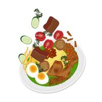 levitación nasi kuning o amarillo arroz o cúrcuma arroz en un plato vector