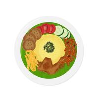 Top View Nasi Kuning or yellow rice or Turmeric rice on a plate vector