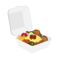 Nasi Kuning or yellow rice or Turmeric rice on a Styrofoam box vector