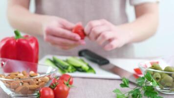 sorridente jovem mulher servindo fresco salada em prato feliz sorridente fofa mulher cozinhando fresco saudável vegano salada às casa com muitos legumes dentro cozinha e tentando Novo receita video