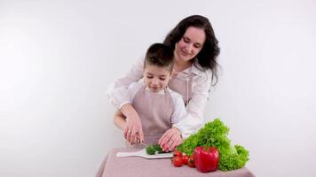 mujer y pequeño chico teniendo un sano ensalada para bocadillo video