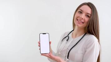 Stressed woman doctor showing clipboard and giving thumbs down video