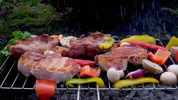 barbecue cotolette Guarda molto gustoso cucinato per un' Hamburger su un' caldo Aperto fuoco su il griglia giri al di sopra di con un' spatola dopo ogni girare il fuoco razzi su e crea un' bellissimo adatto per qualunque ristorante video