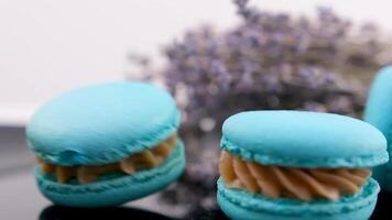 rodopiando azul macaron lavanda ou bru queijo sabor em Preto prato rodopiando delicioso sobremesa restaurante servindo Doçura francês sobremesa almoço chefe de cozinha prato grande quantidade do coberturas amêndoa farinha lento movimento video