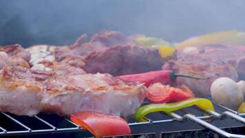 barbecue schnitzels kijken heel smakelijk gekookt voor een Hamburger Aan een heet Open brand Aan de rooster bochten over- met een spatel na elk beurt de brand fakkels omhoog en creëert een mooi geschikt voor ieder restaurant video