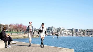two women are brightly dressed in high boots creative hairstyle red hair takes a short skirt stroll through the park in spring On the shores of the Pacific Ocean skyscrapers David Lam Park video