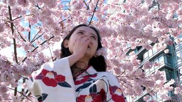 printemps, fille près une floraison arbre triste asiatique fille des stands près Cerise fleurs sur le pont regards vers le bas vagues arrose pétales du repos périple imaginer beauté video