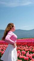 Young woman tourist in pink dress and straw hat standing in blooming tulip field. Spring time video