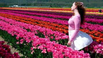a young girl teenager stands in beautiful bright pink Corolla tulips inhale the fragrance of flowers straighten her hair look into the distance beautiful field in spring unusually bright color video