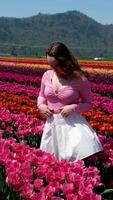 collection of videos and photos where a girl in a white skirt walks through field with tulips blue background sky mountains bright flowering fields teenager young woman walk outdoors beauty self-care