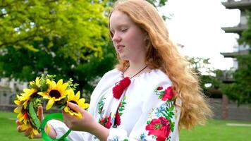 hermosa Pelirrojo ucranio niña en un bordado blusa flores rojo amapolas en un blanco camisa girasoles guirnalda en pelo cintas naturaleza Ucrania patriotismo nacional ropa es viniendo dentro Moda video