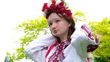 lindo mulher com uma guirlanda em uma verde Prado ucraniano menina com uma guirlanda do flores video