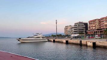 ferry next from coast of Albania, city of Saranta and Sport to port of Greece, island of Corfu, Ionian Sea, parts of ship, navigation traffic salon, fast delivery of tourists from one country video