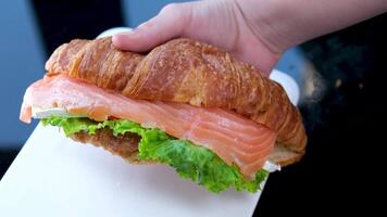 Croissant sandwich with cream cheese, salmon and arugula on a white plate, gray background, close-up. Healthy breakfast concept video