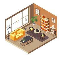 Living room isometric concept. Modern cozy apartment interior with furniture, sofa armchair coffee table and floor lamp. 3D illustration vector