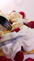Waffles with cream and raspberries Close-up of a girl on the beach eating a newlywed. A woman eats yogurt ice cream with cherries and peanuts. a woman's hand takes ice cream with a spoon video