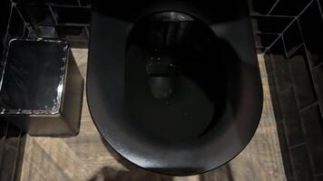 Black toilet Clean toilet bowl with drain hole, top view. Toilet brush and trash can on black tiles video