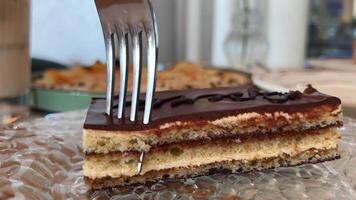 Hard cake. Resting weekend after hard week. Pampers himself with sweet. Breaks off fork chocolate piece of cake, piece of cake covered cocoa that lies white plate video