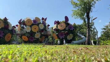 Vietnam phu quoc Insel großartig Welt 18.03.2024 enorm Skulpturen von groß Blumensträuße von bunt Blumen im das Hintergrund Vietnam großartig Welt phu ok. Skulpturen video