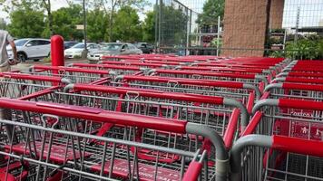 Costco Wholesale huge carts with red handles stand in a row outside the store so people can use them to buy groceries in bulk video