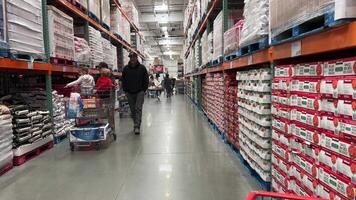 Costco Wholesale Shopping cart families shopping in huge supermarket for weekend pushing children on carts children are interested looking at different foods spending time in store choosing products video