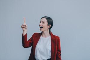 Happy young businesswoman on white background photo