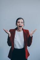 Happy young businesswoman on white background photo