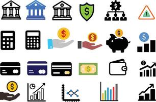 Finance icons set, Bank, Investment, Credit Cards, Cash, Wallet, and Graphs vector