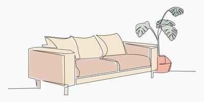 Continuous one line drawing of sofa and with potted plant. Single line. vector