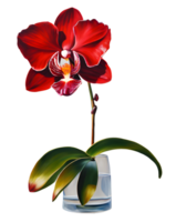 Watercolor and painting blooming red tropical orchid flower in glass jar. AI-Generated png